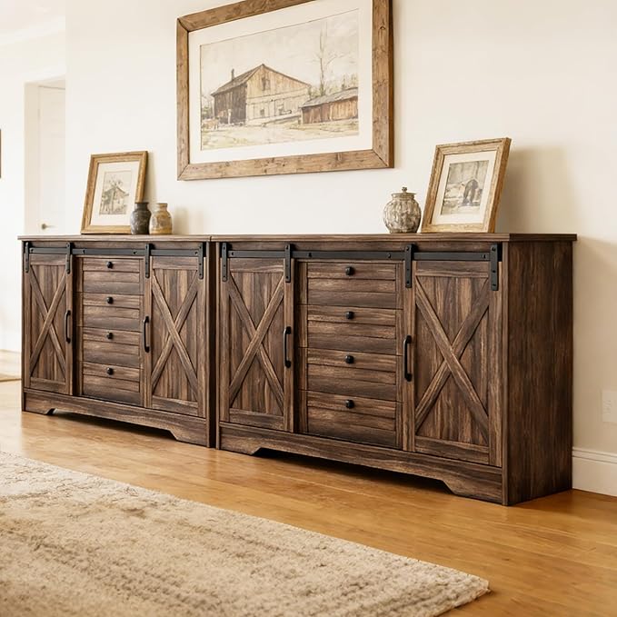 Luoxiao Farmhouse Sideboard Buffet Cabinet with Storage, 110 Inch Large Kitchen Cabinet with 4 Drawers & Sliding Barn Doors, Rustic Coffee Bar Cabinet for Dining Room, Living Room Dark Oak, 2 PCS