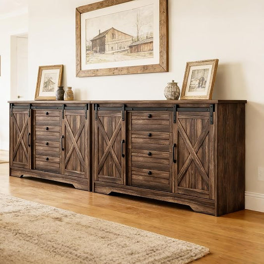 Luoxiao Farmhouse Sideboard Buffet Cabinet with Storage, 110 Inch Large Kitchen Cabinet with 4 Drawers & Sliding Barn Doors, Rustic Coffee Bar Cabinet for Dining Room, Living Room Dark Oak, 2 PCS