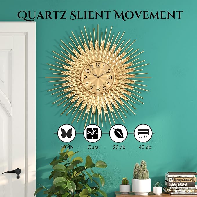 Large Mid Century Gold Wall Clock Decorative Modern Sunburst Wall Clocks, Metal Big Silent Non-Ticking Clock, Luxury Home Gift Decor for Living Room, Bedroom, Dining Room, 24 inch