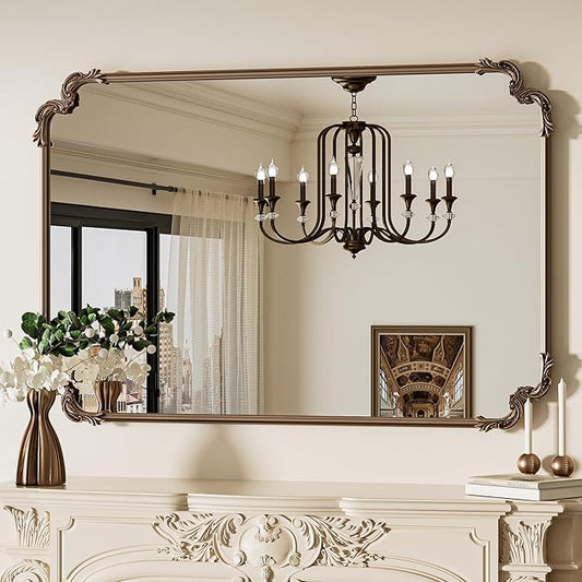 TETOTE Vintage Antique Gold Rectangle Mirror for Mantle Fireplace 48 x 32 Traditional Baroque Ornate Scroll Wall Mirror with Rounded Corner Metal Frame for Living Room Bedroom, Horizontal/Vertical