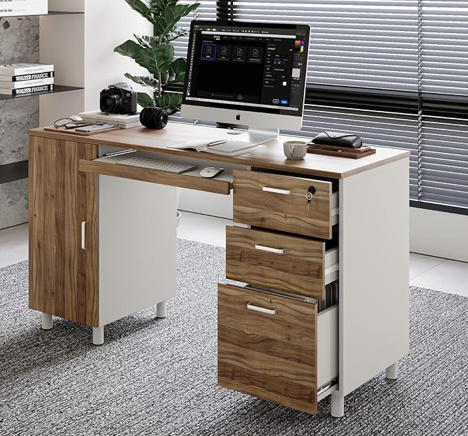 Modern Design Venice Computer Desk with Lockable Drawers, 53 Inch Home Office Desk with Storage Cabinet, Keyboard Tray & Cable Management, Modern Study Writing Desk for Small Spaces, Walnut and White