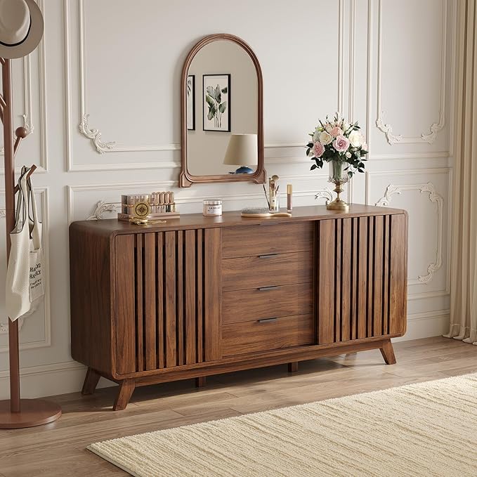 ONBRILL Sideboard Buffet Cabinet with Storage, Fluted Buffet Cabinet with Sliding Doors & 4 Drawers, Mid Century Modern Coffee Bar Wine Bar Credenza for Living Room, Kitchen (Walnut)