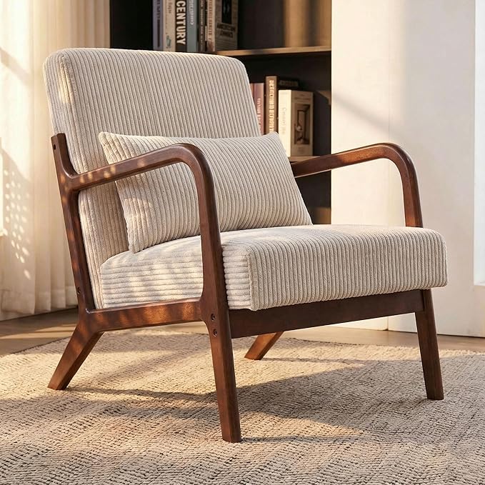 Mid Century Modern Accent Chair with Solid Rubberwood Frame, Comfy Corduroy Reading Armchair with Lumbar Pillow, Compact Lounge Chair for Bedroom, Living Room & Small Spaces