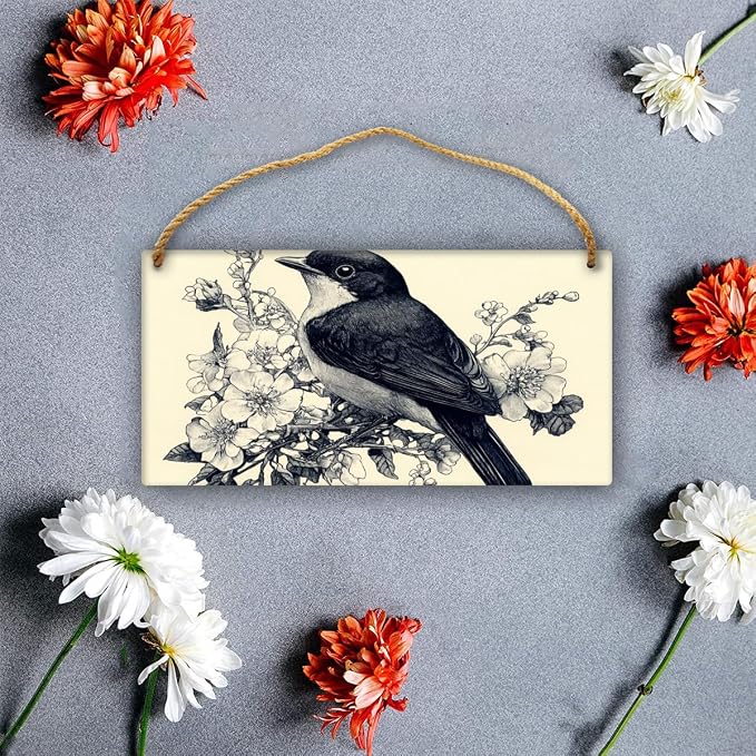 Retro Illustration en Bird & Floral Masterpiece wooden sign, 12x6 Inch Wall Decors for Collectors, Nostalgic Studio Accent, Unique Show & anniversary for Vintage Fans