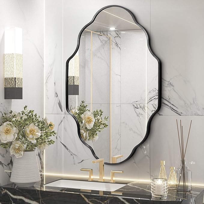 Scalloped Mirror for Bathroom - 26"x46" Black Bathroom Mirror with Aviation Aluminum Alloy Frame & Shatter-Proof Glass for Living Room Bedroom Entryway, Brushed Black Frame(x1)