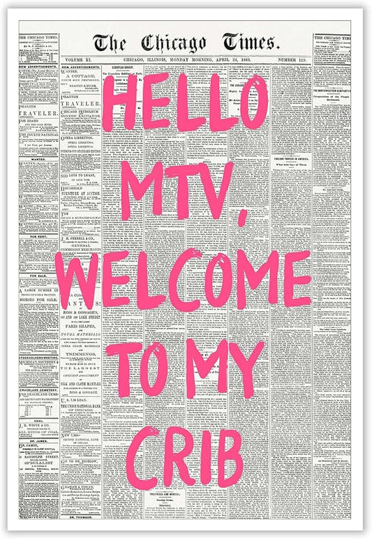 Drimiler Retro Hello Mtv Welcome To My Crib Posters Pink Font Newspaper Canvas Wall Art Positive Affirming 70'S Room Aesthetic Prints Painting For Home Bedroom Dorm Wall Decor 12x16in Unframed