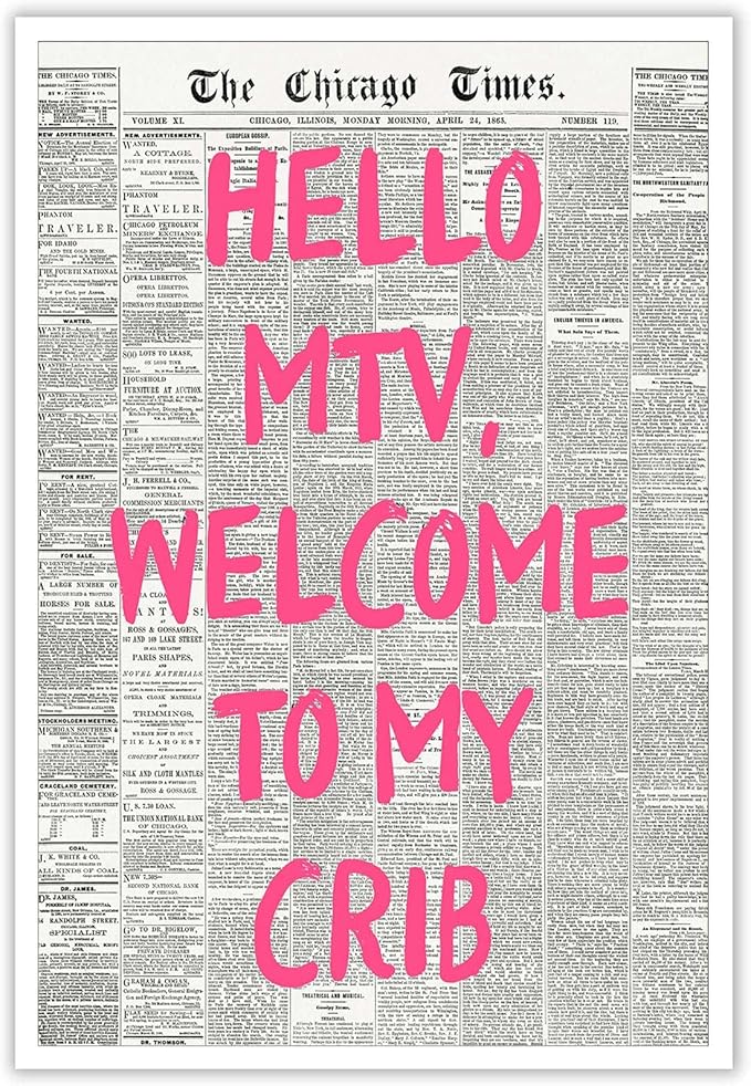 Drimiler Retro Hello Mtv Welcome To My Crib Posters Pink Font Newspaper Canvas Wall Art Positive Affirming 70'S Room Aesthetic Prints Painting For Home Bedroom Dorm Wall Decor 12x18in Unframed