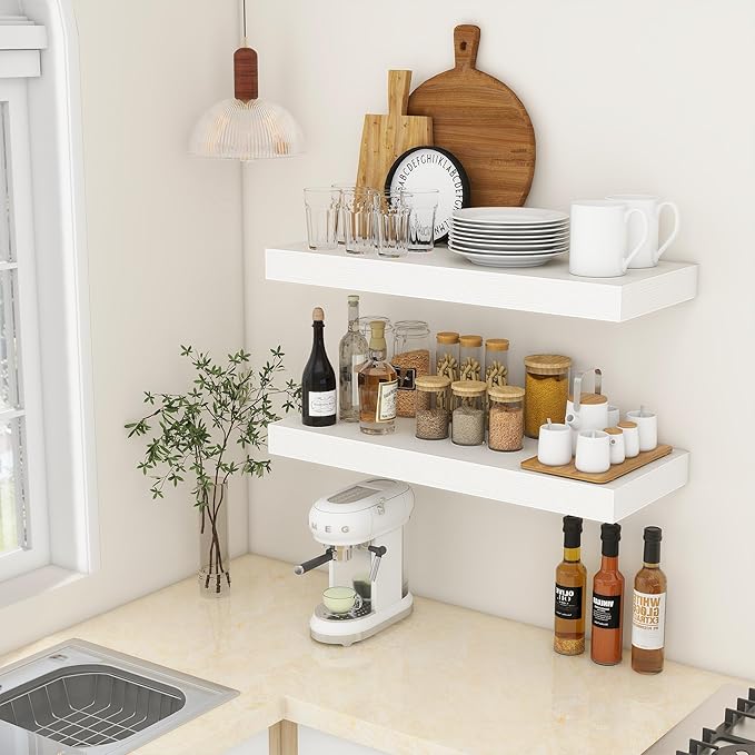 30 Inch Floating Shelves | 12 Inch Deep White Floating Shelves Set of 2 | 30" W x 12" D Rustic Wood Shelves for Wall | Deep White Shelves for Living Room Bathroom Laundry Room Kitchen