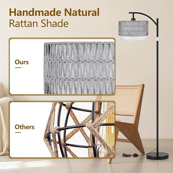 ROTTOGOON Arc Floor Lamps for Living Room, Boho Farmhouse Floor Lamp with Remote & Dimmable Bulb, Standing Lamp with Grey Rattan & Fabric Shades, Adjustable Tall Lamp for Bedroom Office-Black