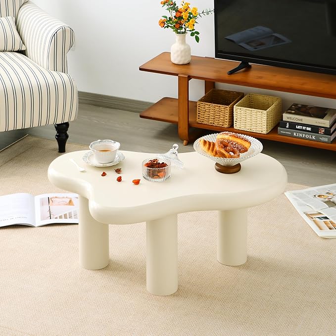 34"(L) Cloud Coffee Table, Modern Wood Coffee Table for Living Room, Accent Center Tables with 3 Legs, Small Tea Tables for Balcony, Patio, Bedroom, Cream White