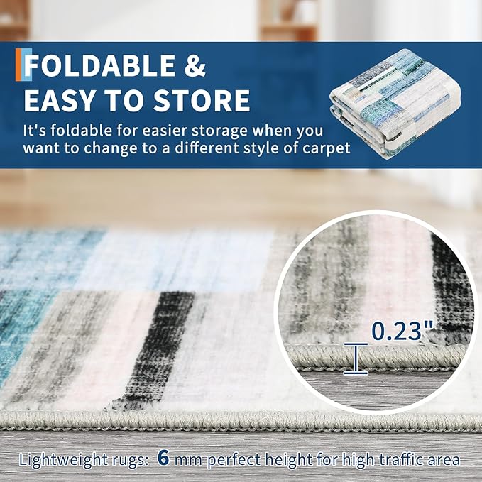 Washable Rug Runners for Hallways Non Slip 2x6 Modern Geometric Kitchen Rugs Farmhouse Entryway Rug Soft Bathroom Rugs Stain Resistant Carpet for Laundry Bedroom 2'x6' Blue