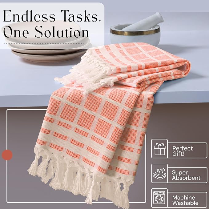 Matrix Dobby Kitchen Towels Set of 4, 100% Cotton, Combo Pack, 16"x26", Absorbent Tea Towels with Handmade Tassels, Reusable Cleaning Cloths - Orange, Mint Green, Sky Blue, Beige