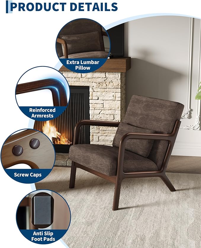 Garvee Mid-Century Modern Accent Chair, Chenille Upholstery, Solid Wood Armchair with Removable Lumbar Pillow, Sturdy Reading Chair for Living Room, Bedroom, Guest Room, Easy Assembly, Brown