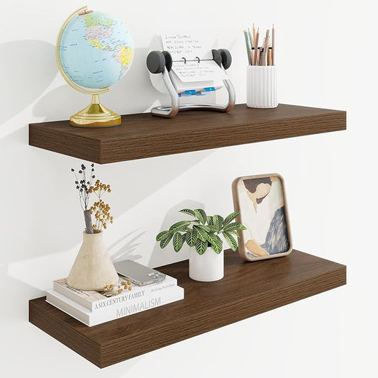 24in Floating Shelves for Wall, 24"W x 9.25"D x 1.25"H, 2 Pack Long Wall Mounted Engineered Wood Shelves with Invisible Brackets for Living Room, Bedroom, Bathroom, Kitchen Decor and Storage, Walnut