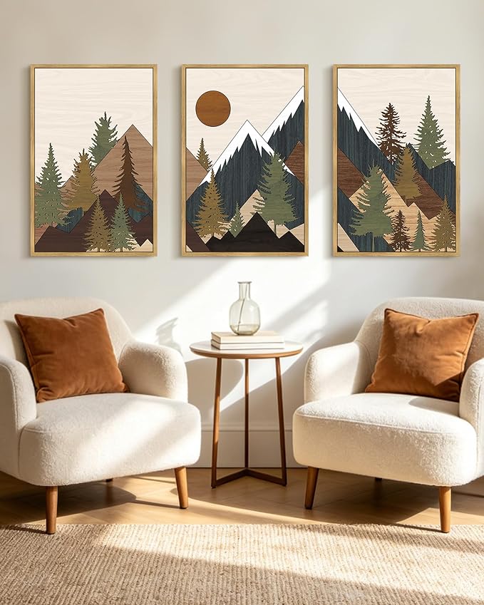 KUVIOKE Morden Mountains Framed Wall Art Boho Pine Tree Forest Nature Landscape Artwork Bohemain Farmhouse Rustic Bedroom Living Room Decor 24x36in (Natural Framed)
