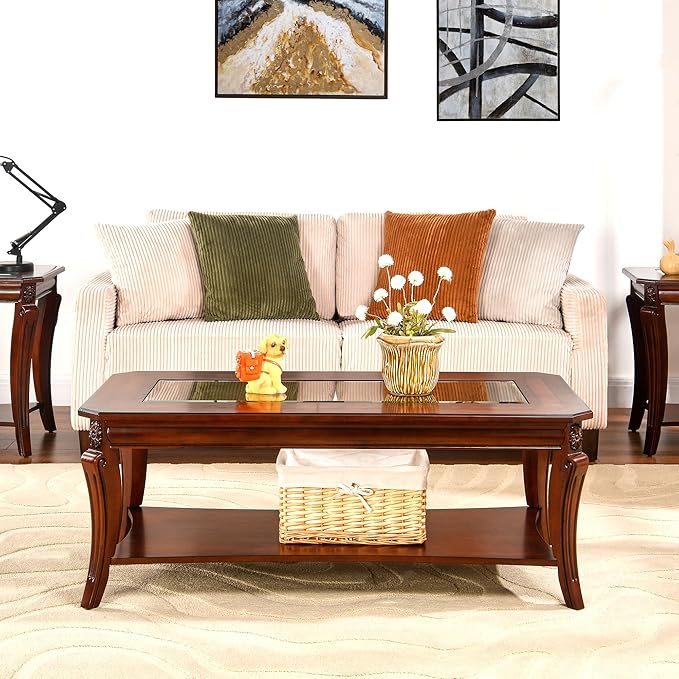 LEEMTORIG Vintage Glass Top Coffee Table for Living Room, 47 inches Rectangular 2-Tier Wood Coffee Tables with Storage Shelf, Traditional Mid Century Queen Anne Style Cocktail Table KFZ-A1168-GT