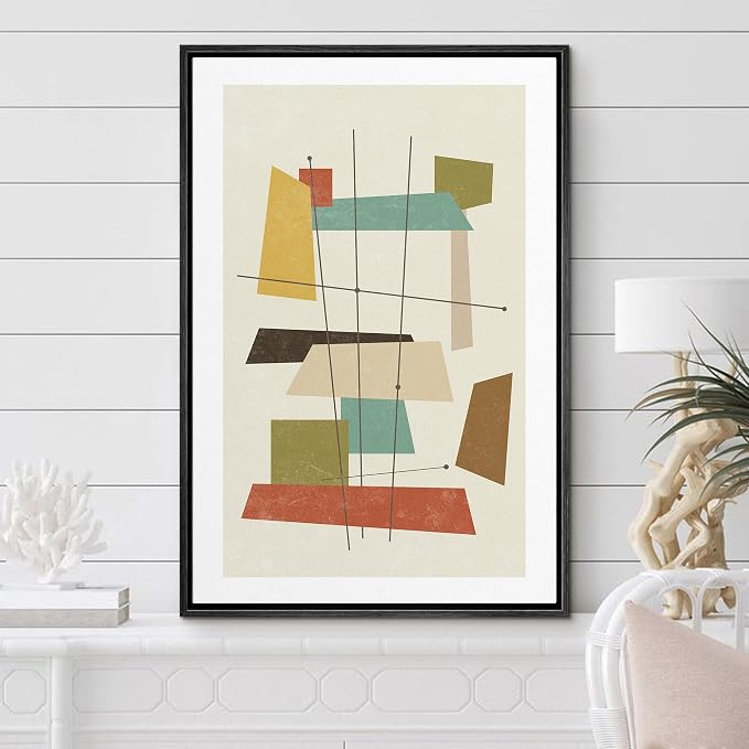 Woodrose Framed Canvas Print Wall Art 1960s Geometric Mid-Century Squares Abstract Shapes Illustrations Modern Minimalist Chic Relax/Calm Multicolor for Living Room, Bedroom, Office - 16"x24" Black