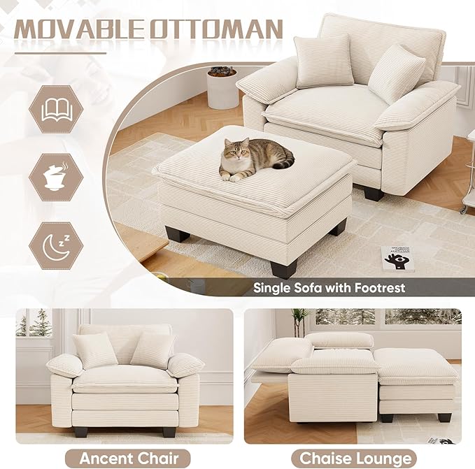 Chaise Lounge Chair Indoor, Oversized Accent Chairs with Ottoman, Luxury Corduroy Upholstered Deep Seat Sleeper Sofa Reading Chairs and A Half with Pillows for Living Room, Bedroom, Apartment,Beige