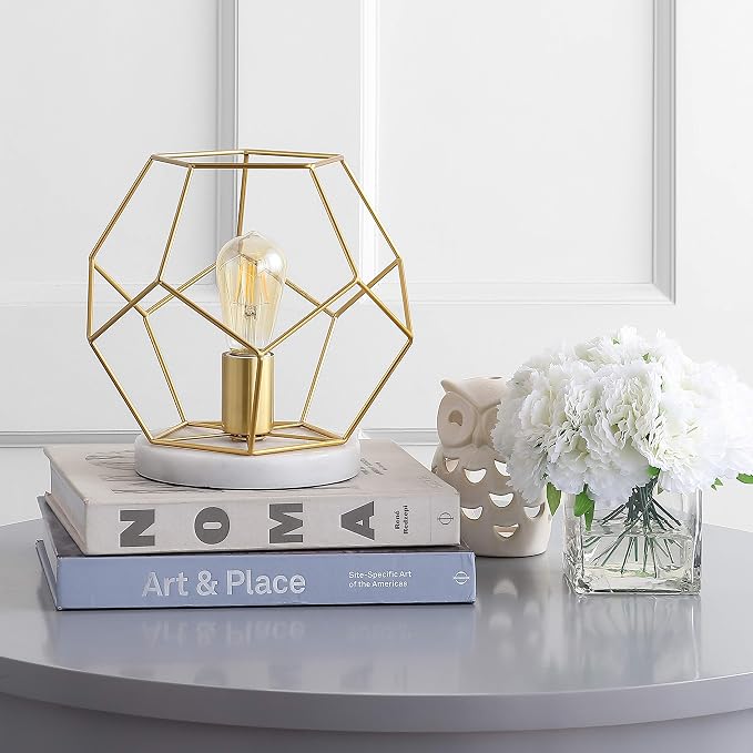 JONATHAN Y 10" Brass Gold Geometric Table Lamp, Midcentury Modern Metal Desk Lamp for Living Room Bedroom, White Marble Base, Glam Bedside Nightstand Light with LED Bulb JYL1047A