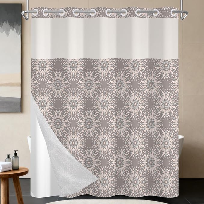 No Hook Shower Curtain with Snap in Fabric Liner Set, Waterproof Bath Curtain with Stylish Gray Floral Design, Mandala Pattern with See Through Top Window, 71x74 Inches