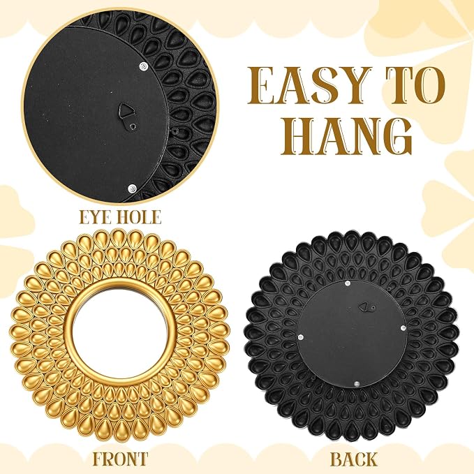 Fourluoo 3 Pack Gold Sunburst Mirrors for Wall Decor Circle Flowers Mirrors Decorative Gold Hanging Wall Art Flowers Mirror for Home Living Dinning Room Bedroom Bathroom Boho Decoration Art(Sunburst)