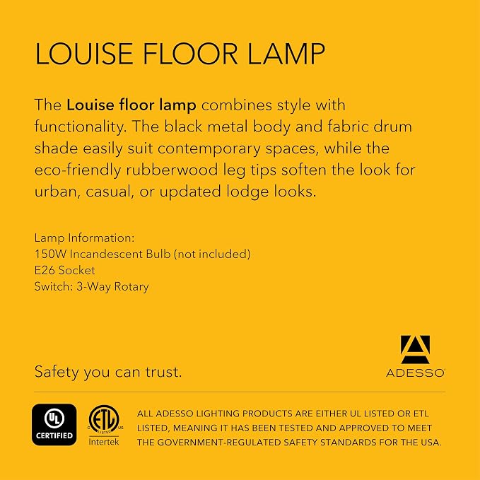 Adesso 6285-01 Louise, 60.25 in., 150 W Incandescent/ equiv. CFL, Black Painted Metal w/ Wood Tips, 1 Floor Lamp