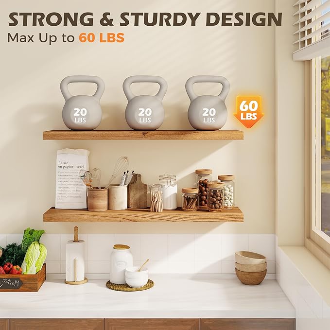 40 Inch Floating Shelves for Wall, 8"D High End Solid Hardwood Shelves for Decor Storage, Rustic Wall Shelves with Invisible Heavy Duty Brackets for Living Room, Kitchen, Bathroom, Natural, 2 Pack