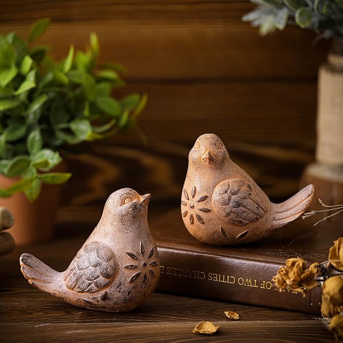 Blulu 2 Pcs Bird Figurines Home Decor Resin Bird Statue Vintage Farmhouse Decoration Boho Animal Decorative Sculpture Gifts for Home Table Office Shelf Tabletop Accents(Rust,Retro)