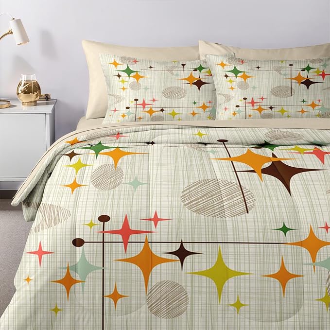 Nesker Comforter Set Full Size, Retro Stars Brown 7 Pcs Bedding for Kids and Adults, Mid Century Vintage Bed Sheet Sets with Fitted Sheet 2 Pillowcases & 2 Shams