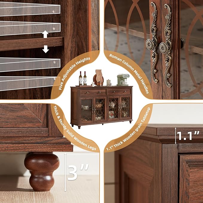 Farmhouse Sideboard Buffet Cabinet with Storage,59" Large Credenza with 4 Glass Doors & 2 Drawers,Adjustable Shelves Console Table,Wood Kitchen Coffee Bar for Dining Room,Living Room,Brown