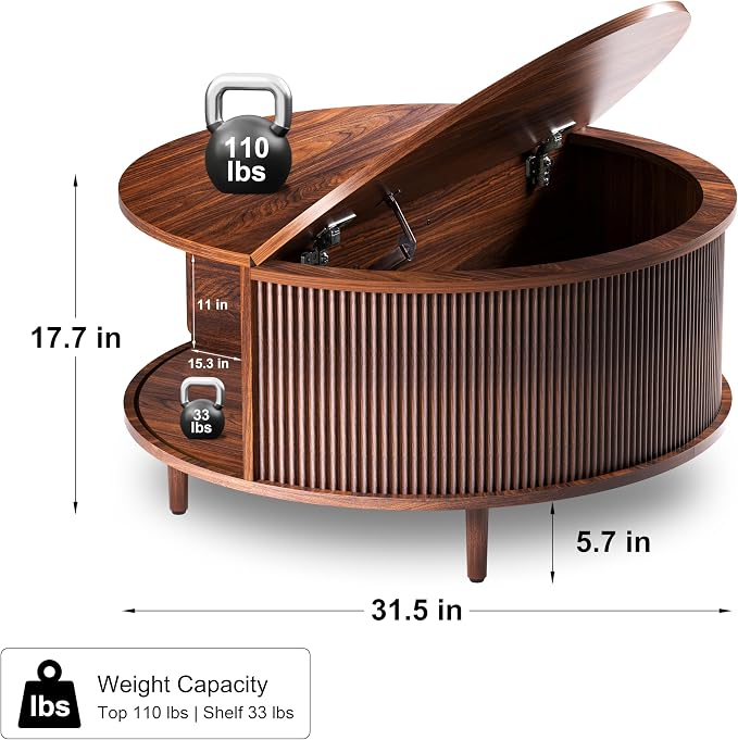 Round Coffee Table, 31.5" Fluted Center Table with Storage, Lift-Top Coffee Table with Adjustable Footpads, Sliding Door, Mid-Century Modern Center Table for Living Room, Small Space, (Walnut)
