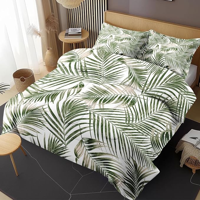 Comforter Set with Pillowcase Twin Size, Tropical Palm Tree Fronds Green Leaves, Bed Decor Botanical Plant Palm Leaf for Kids and Adults, Soft Cozy Bedroom Bedding Set