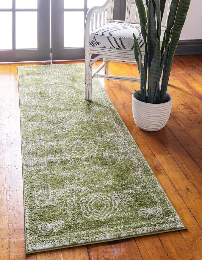 Unique Loom Bromley Collection Area Rug - Wells (2' x 13' 1" Runner, Green/ Ivory)
