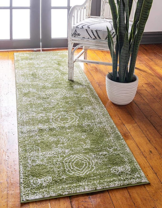 Unique Loom Bromley Collection Area Rug - Wells (2' x 8' Runner, Green/ Ivory)