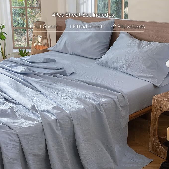 MooMee Bedding Sheet Set 100% Washed Cotton Linen Like Textured Breathable Durable Soft Comfy (Heathered Cornflower Blue, California King)