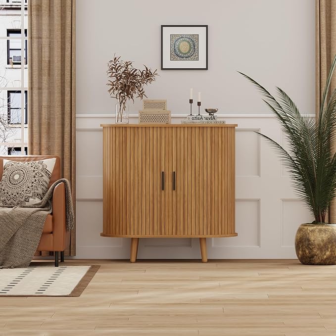 31.5" Fluted Sideboard Buffet Cabinet with Tambour Storage Oval Curved Accent Console Table for Dining Room Kitchen Living Room (Natural)