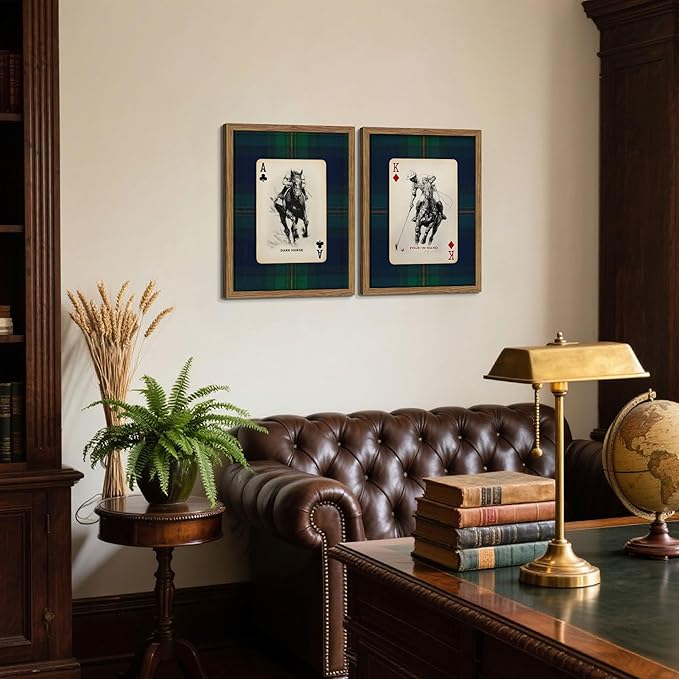 Framed Vintage Playing Card Wall Art Set of 2, Classic Polo Rider and Race Horse Canvas Prints, Retro Equestrian Sketch Poster, Old-Money Sports Wall Decor for Study Home Office Game Room 16x24in