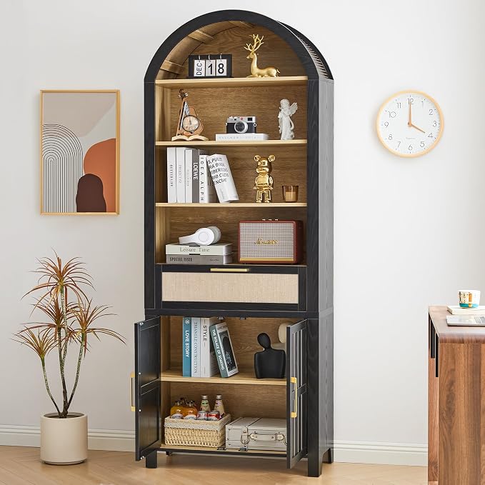 81" Tall Arched Bookcase, 4 Tiers Arch Bookshelf with Doors Storage and Drawer, Modern Farmhouse Book Shelf with Adjustable Shelves, Wood Bookshelf w/Open Display for Living Room, (Black/Natural, 2PC)