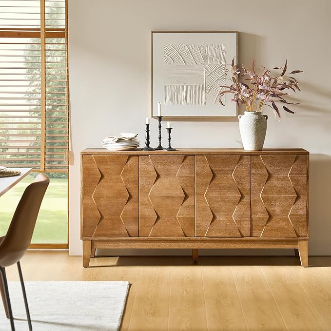 HULALA HOME Mid Century Sideboard Buffet Cabinet with Solid Wood Legs, 60" Kitchen Storage Cabinet Credenza with 4 Doors and 2 Shelves, Accent Console Table (Seadrift)