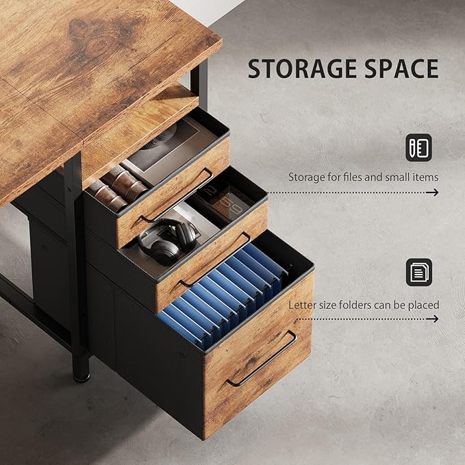 Maihail 55" Computer Desk with Drawers, Desks for Bedrooms, Writing Desk with Storage, Work Desk for Small Space, Rustic Brown