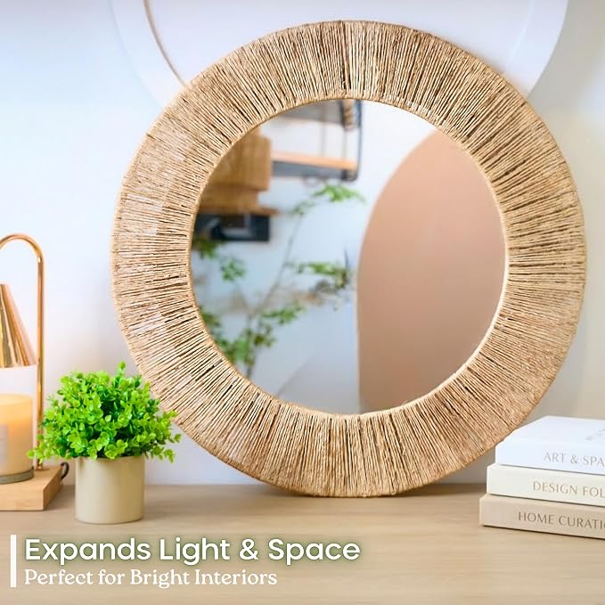 Chi An Home 24 Inch Natural Jute Mirror, Wall Mounted Round Mirror with Metal Frame, Wall Decor Rustic Farmhouse Boho Decor Accent for Bathroom, Bedroom, Living Room, or Entryway