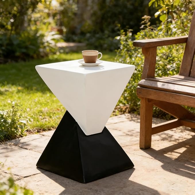 ø12.5'' Square Hourglass Side Table End Table for Living Room, Modern Retro Style, Magnesium Oxide & Light Weight for Indoor & Outdoor, No Assembly, Wood Grain, Black & White