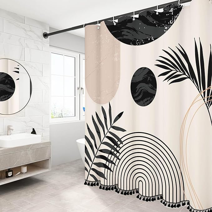 Boho Mid Century Leaf Shower Curtain Set,Arch Sun Design,Minimalistic Leaves Pattern,Waterproof and Luxurious Fabric-12 Hooks(Black and White-60" x 72")