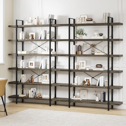 Bookshelf Set, Heavy Duty 6-Tier Industrial Bookcase, 47" Wide Wood Bookshelf for Home Office, 120lbs Shelf Capacity, Rustic Open Display with Horizontal Shelf for Living Room Bedroom, Grey