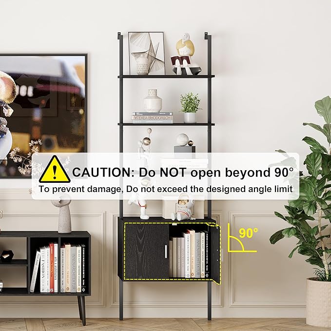 Yusong 73" Tall Bookshelf with Cabinet, Industrial Ladder Wall Mount Shelf Bookcase with Wood and Metal Frame, Plant Shelf Wall Storage Display for Living Room Bedroom, Black Wood Grain