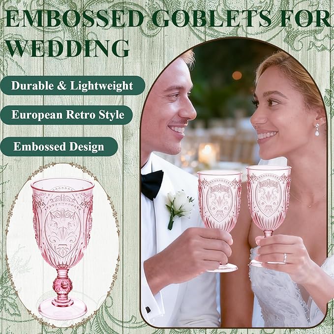 JLYLOL Plastic Wine Glasses 24Pcs Plastic Goblets 7.5oz Colored Retro Embossed Glassware Vintage Stemmed Drinking Cup Reusable Water Goblets for Wedding Reception Grand Event Party Bar,Whiskey (Pink)