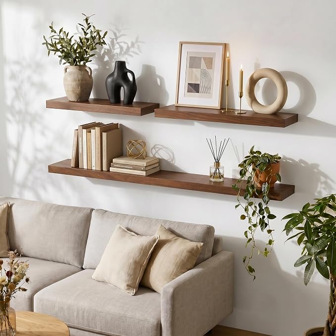 fuqing Wood Floating Shelves | 24 Inch Floating Shelves for Wall Set of 2 | 24" W x 6.7" D x 1.4" H Rustic Walnut Shelves for Bathroom Living Room Bedroom Kitchen