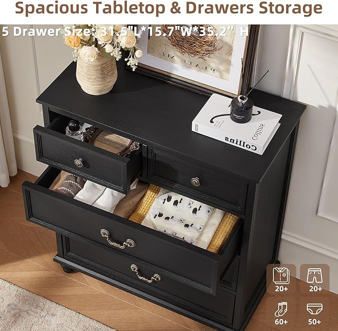 Farmhouse 5 Drawer Dresser Set of 2 for Bedroom, 35" Tall Rustic Chests of Drawers w/ 4 Solid Wood Feet, Mid Century Vintage Wooden Closet Storage Dressers Organizer for Living Room,Black