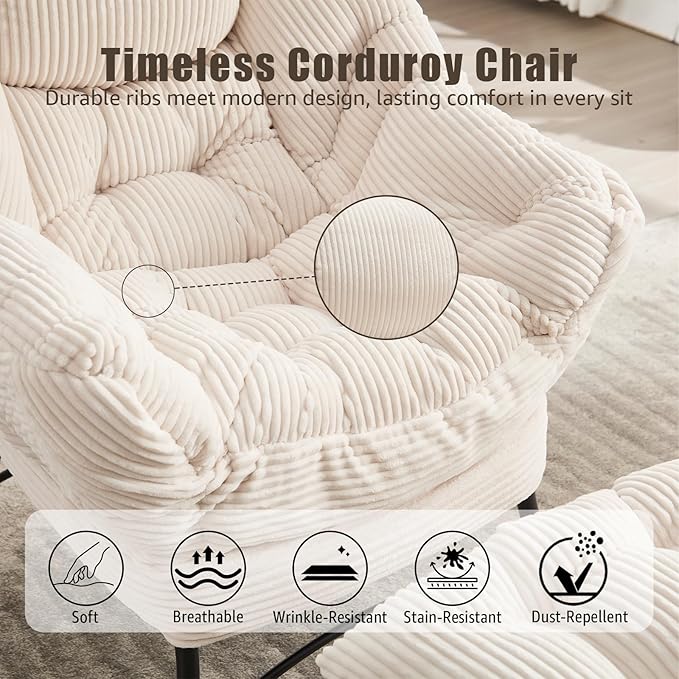 Oversized Lazy Chair with Ottoman for Adults, Chair and Ottoman Set Modern Skinny Lounge Chair with Footrest, Wide Reading Chair for Living Room, Comfy Accent Armchair for Small Spaces, White