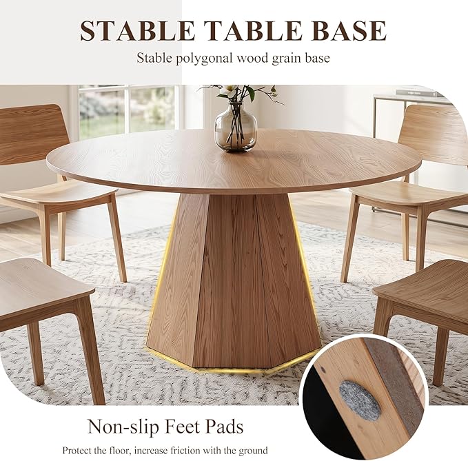 BESTANO 59" Round Dining Table for 4-6 People, Kitchen Dining Room Table with Wooden Pedestal Base, Circle Dinner Pedestal Dining Table for Dining Room (Table Only), Brown